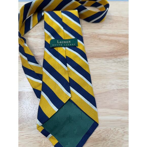 Lauren Ralph Lauren Gold Silk Men's Hand Finished with Tie Silver & Blue Stripes - Picture 4 of 4